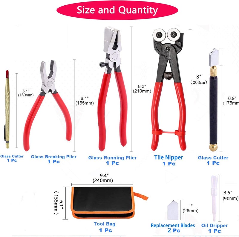 PUWANY Glass Cutter Tool Glass Cutting Tool Set Kit with Glass Running Pliers Breaking Pliers Wheeled Tile Nippers, Glass Cutter for Stained Glass Mirror Tile Cut， Zipper Package - Image 2